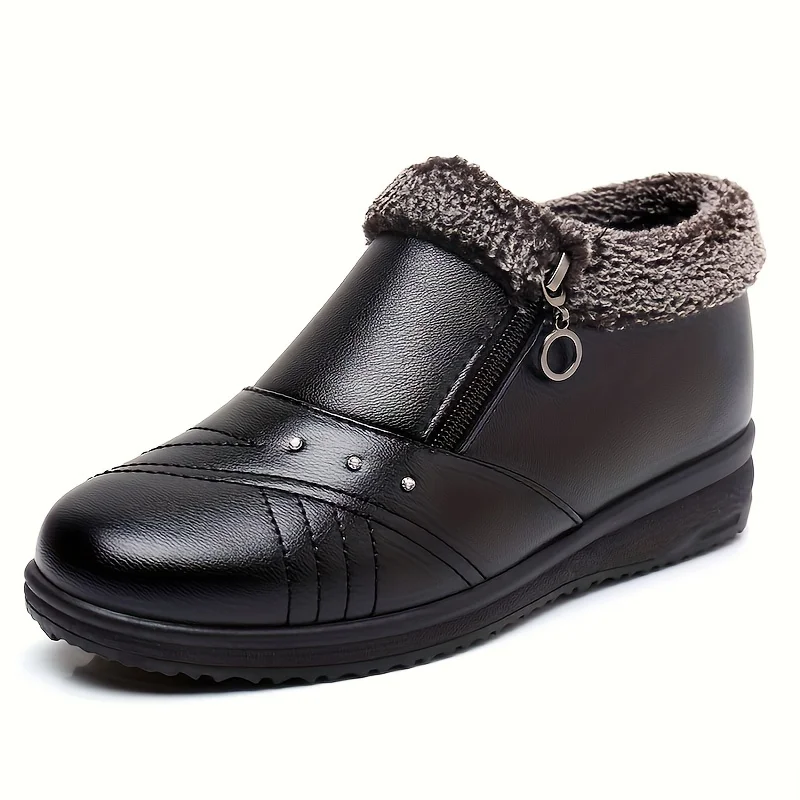 

Women's Warm Plush Inner Snow Boots Side Zipper Round Toe Faux Leather Ankle Boots Women's Footwear