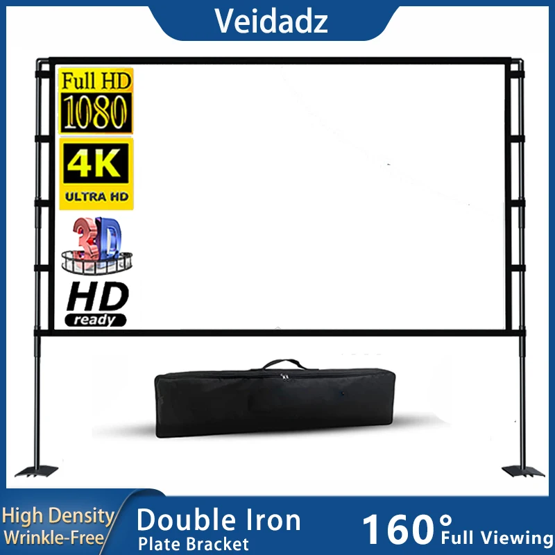 

VEIDADZ Projector Screen With Stand White Less Creases 84 100 120 inch Foldable Iron Plate Double Bracket Screen With Carry Bag