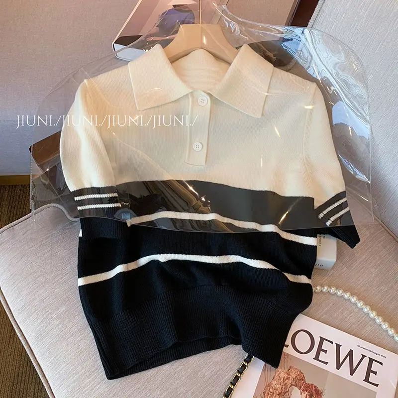 

Женские летние топы в полоску контрастных цветов, новинка 2022, женский свитер с коротким рукавом, рубашка-поло, женская повседневная трикота...