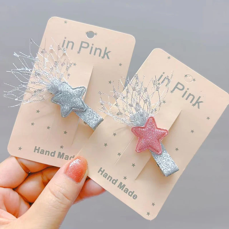 

Cartoon Stars Children Hair Clips Shiny Cloth Tassel Stars Hairpin Y2k Broken Hair Duckbill Clip Luxury Sequin Hair Accessories
