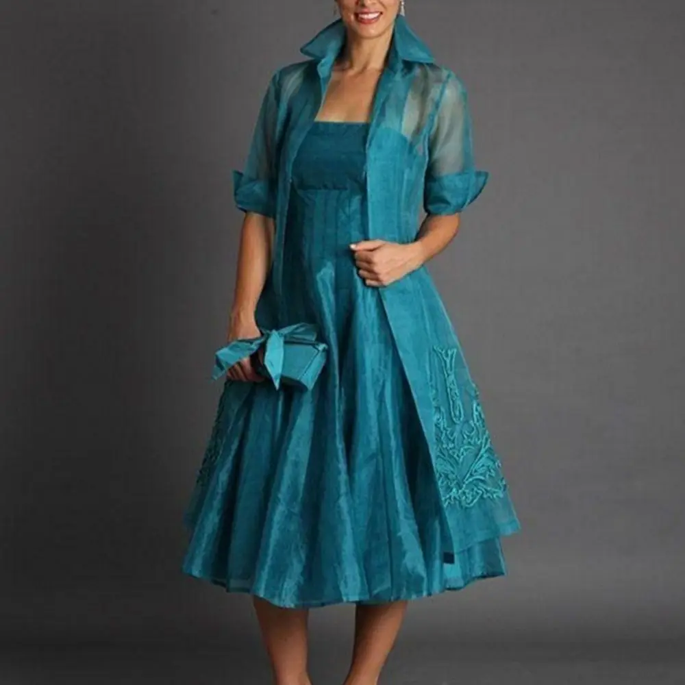 

Simple A-line Mother Of The Bride Dresses With Jacket Tea Length Tulle Appliques Short Groom Mother Dresses For Wedding