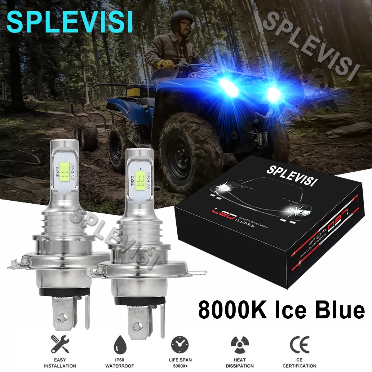 2x 70W Ice blue LED Headlight Bulbs For Yamaha Grizzly 300 2012-2014 Grizzly 550 2009 2010 2011-2015 Grizzly 700 2007 2008-2018