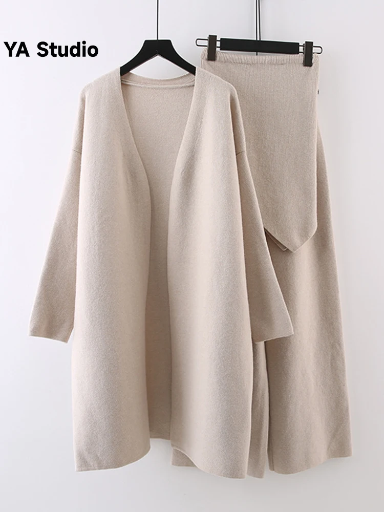 

Knitted 3 Pieces Set Women Irregular V Neck Full Sleeve Long Top Wide Leg Trousers Chic 2023 New Autumn