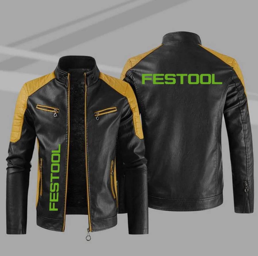 FESTOOL Logo Men's Motorcycle PU Leather Jacket Winter Casual Vintage Overcoat Biker Bomber Zipper Fleece Jackets Male