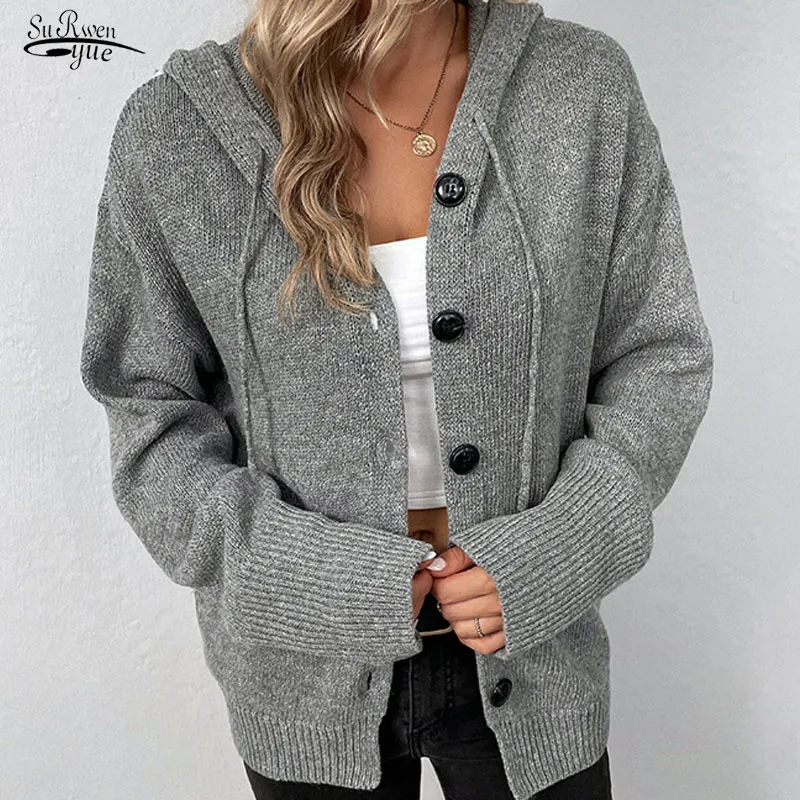 

Vintage Hooded Cardigan Sweater Women Winter Female Coats Loose-fitting Sweater Long Sleeve Elegant Clothing Pull Femme 23489