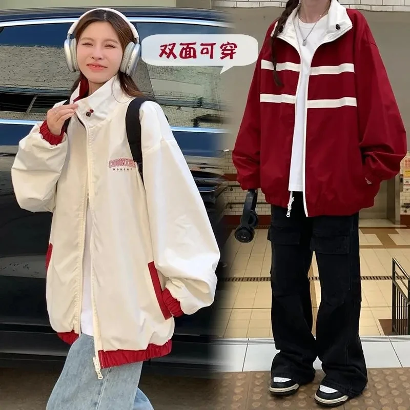 

Streetwear Double Sided Jacket For Women Clothing Spring Autumn Casual Harajuku couple Standing Collar Coats Girls Tops AC939