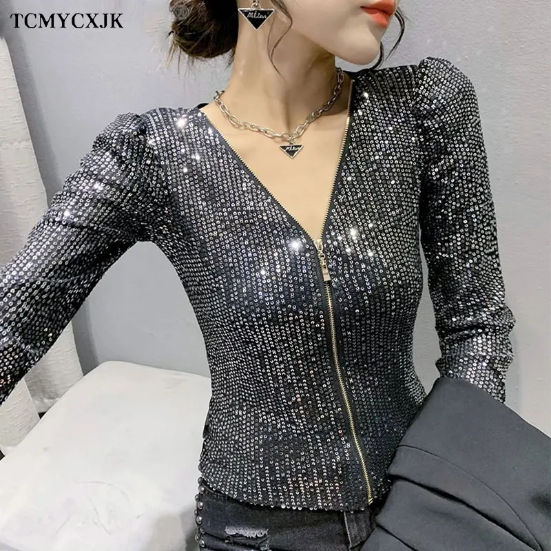 

2022 Spring European Clothes Bright Coat Women Chic Sexy V-Neck Zipper Cardigan Shiny Beading Women Long Sleeve Tops