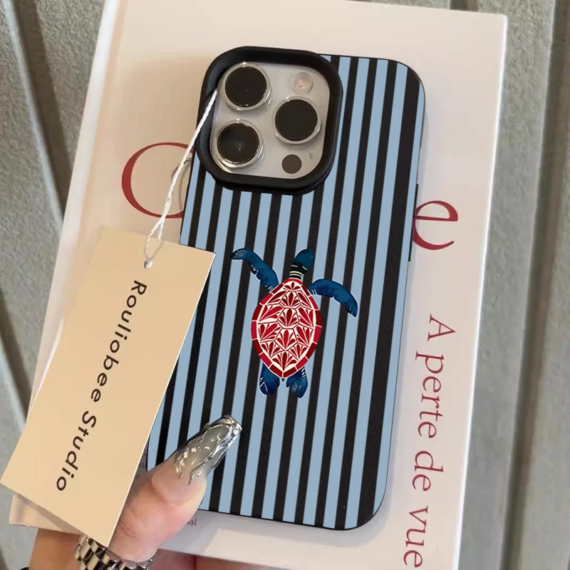 Фото Минималистичный синий чехол для телефона с полосками и черепахой для iPhone 17, 16, 15 Pro, 14 Plus, 13, 12, 11 Pro Max, X, XR, XS MAX, 17 Air, 16E – защитные чехлы №1