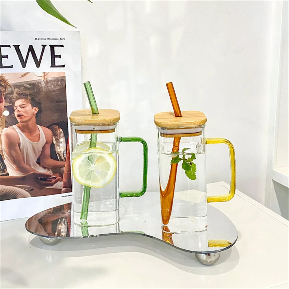 

New Office Water Cup High Beauty Straw Cup Square Summer Party Beer Mug Home Safe Coffee Mug Glass Handle Cup Transparent