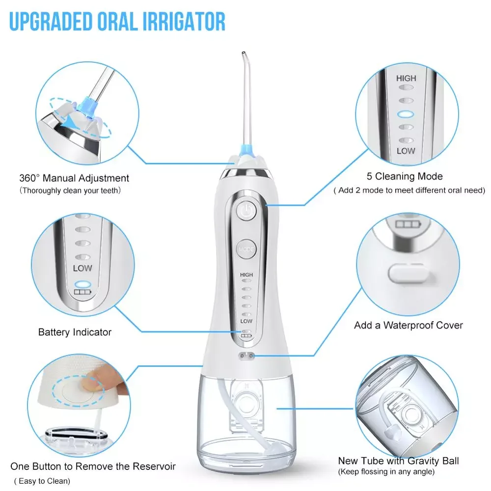 5 Modes Portable Oral Irrigator USB Rechargeable Dental Water Flosser Jet 300ml Irrigator Dental Teeth Cleaner+5 Jet Tips & enlarge