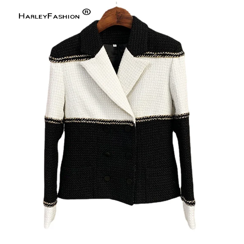 

Black White Block Vintage Tweed Jacket Women Fashion Single Breasted Woollen Elegant Luxury Design Outerwear Coat