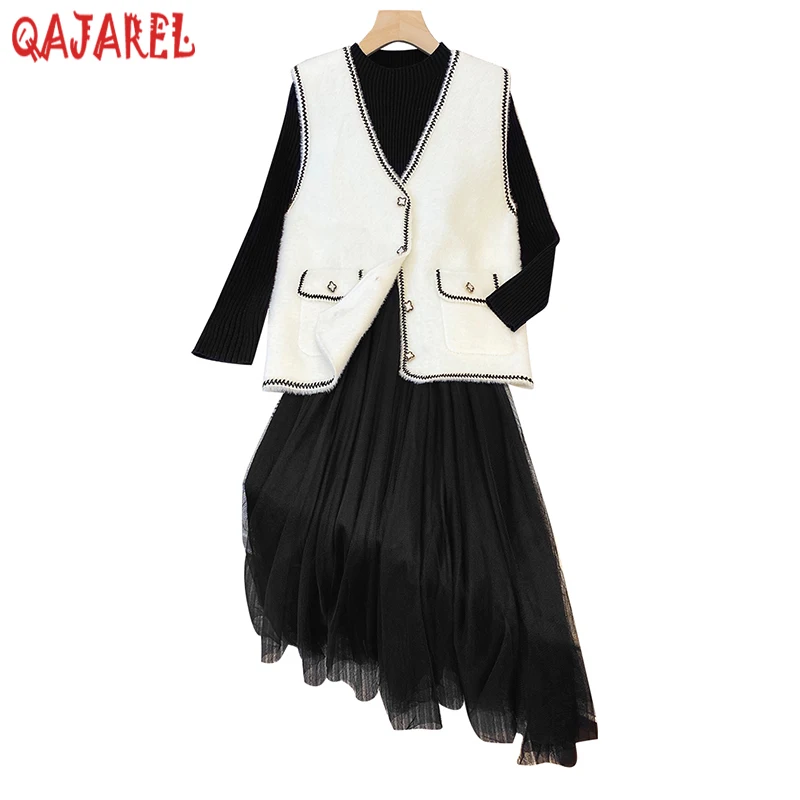 

Women Autumn Winter Korean Fashion Elegant Casual Two Piece Dress Sets 2022 White Woolen Vest+Black Knitted Patchwork Dress Sets