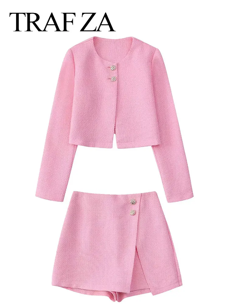 

Женский офисный Блейзер TRAF ZA, розовый, белый клетчатый пиджак на пуговицах с длинным рукавом и воротником-стойкой и облегающая юбка с разрез...