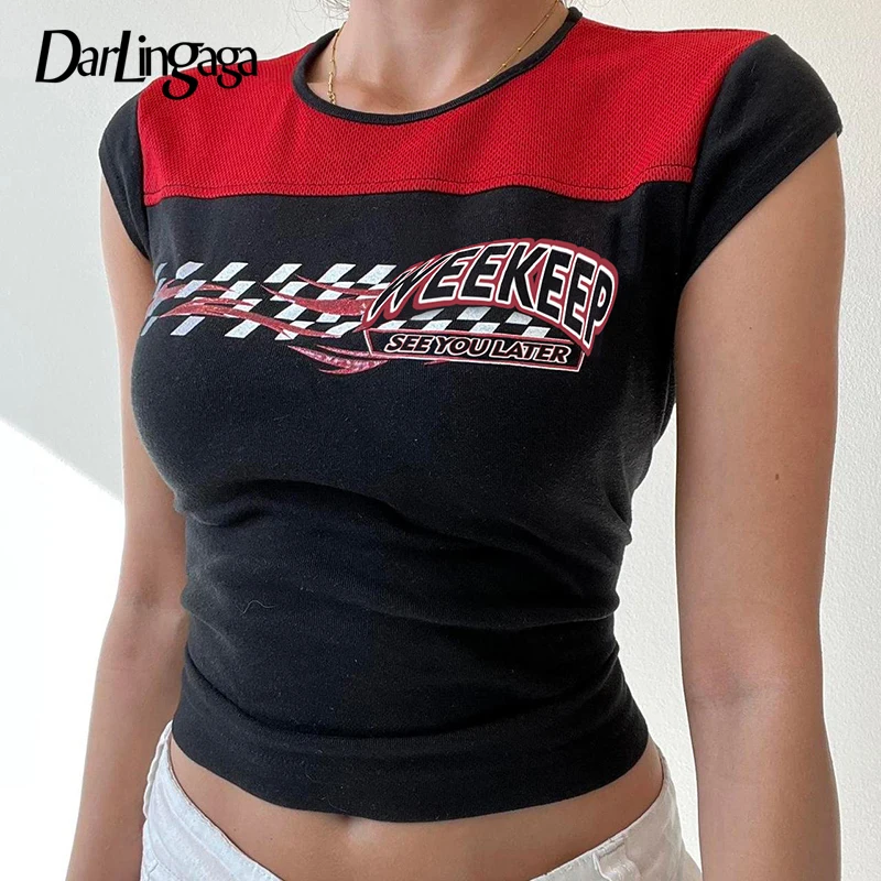 

Darlingaga Streetwear Y2K Spliced Summer Tee Shirt Women Plaid Moto&Biker Style T-shirt Slim Vintage Grunge Tops Cropped Outfits