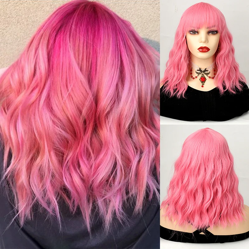 

15"; Pink Synthetic Wigs Women Short Wavy Lolita Wave Summer Straight Bangs Hair extensions for Women Fake Hair Hairpiece Party