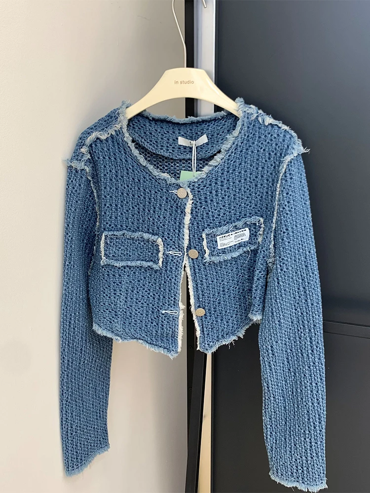 

Autumn Women Crop Blue Crew-neck Jacket Coat Baggy Long Sleeve Tassel Design Outer Single Breasted Short Outerwear Vintage Cozy