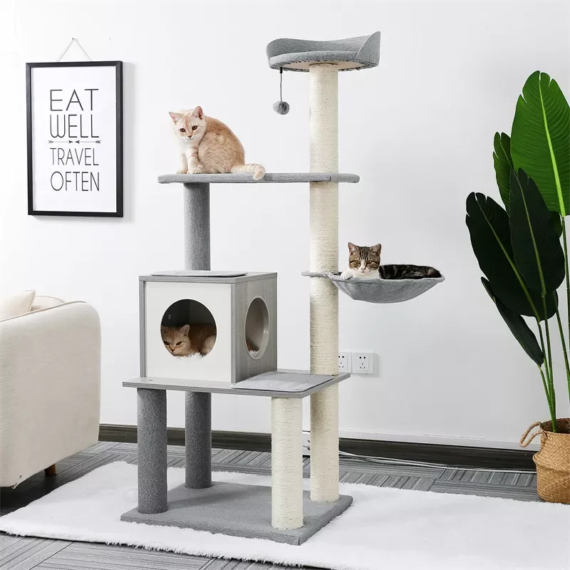 NEW IN Free Shipping Multi-Level Cat Tree Modern Cat Tower Wooden with Scratching Post Condo Hammock and Hanging Ball Grey