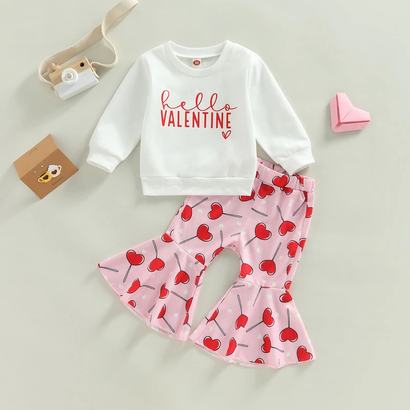 

Детская кофта Lioraitiin на возраст 0-4 года, 2022-10-20 лет, одежда для девочек на День святого Валентина, кофта с длинным рукавом и буквенным принтом, расклешенные брюки с сердечком