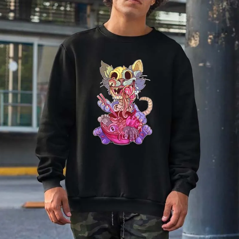 

Свитшот Pastel Goth Kawaii жуткий кот ест рамен лапша мужская женская уличная одежда с круглым вырезом с капюшоном хип-хоп хлопковые толстовки
