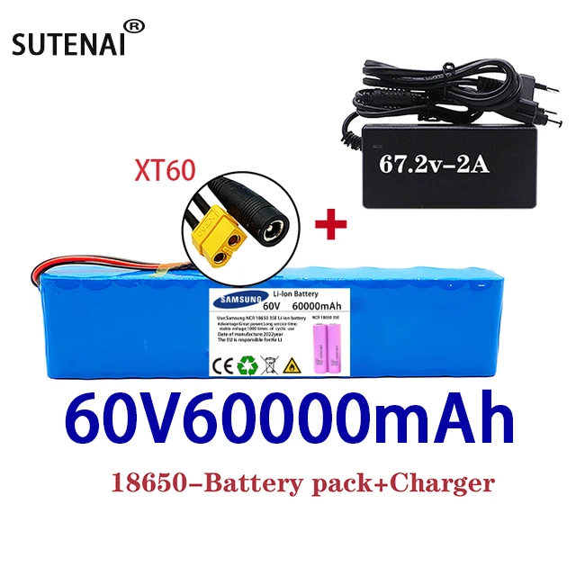 

Scooter 18650 Lithium Ion E-Bike Battery Pack New 60V 60000mAH Electric Bike 60Ah 16S2P With BMS + 67.2V Charger