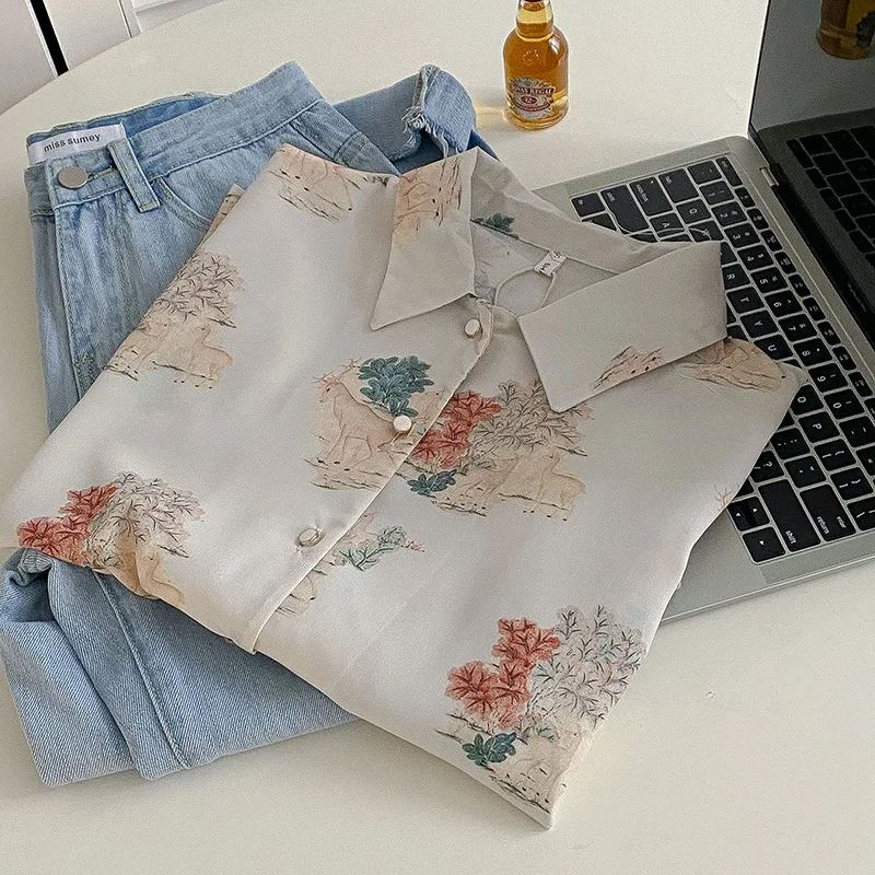 

Lapel Ink Painting Button Up Oversized Shirts Spring Long Sleeve Women Blouse