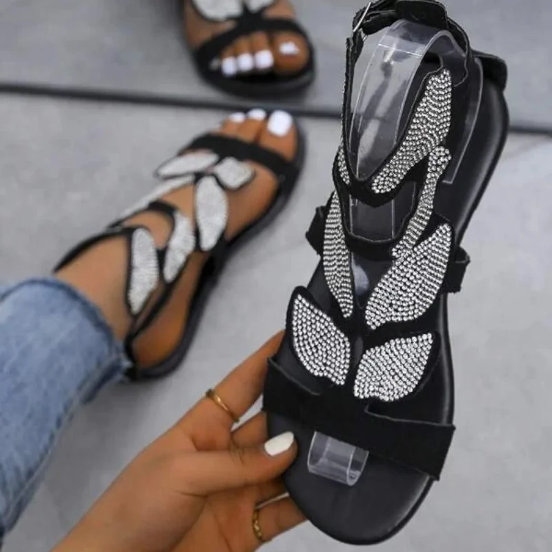 Women Rhinestone Butterfly Decor Sandals Fashion PU Faux Suede Gladiator Zip Back Flat Slides Summer Outdoor Lovely Female Shoes