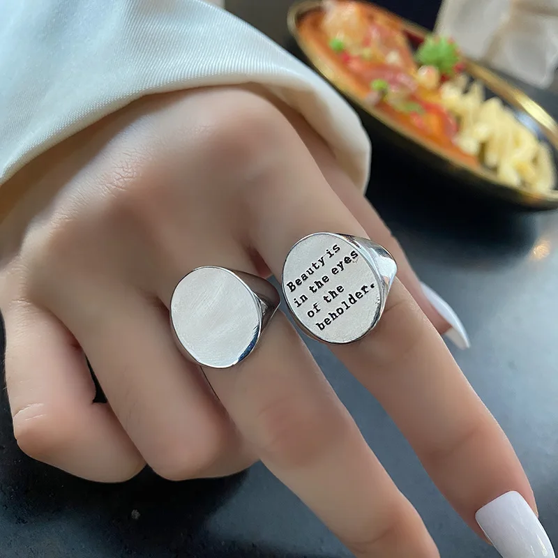 

New silver simple personality design round English letters wide ring ladies fashion retro temperament birthday jewelry gift
