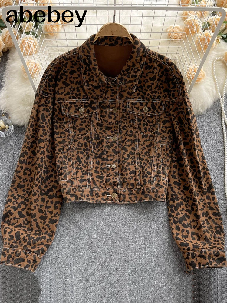 

Leopard Print Short Denim Jacket Pocket Loose Casual Long Sleeve Women Single Breasted Streetwear RetroThin Denim Cropped Coat