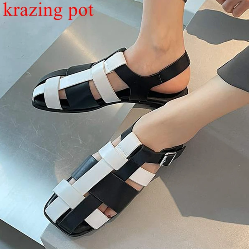 

Krazing Pot cow leather square toe hollow out thick low heels black white mixed color weaving gladiator superstar sandals women