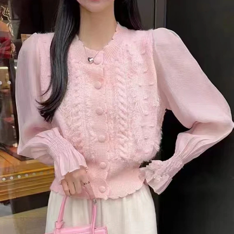 

Temperament spring and autumn new vintage age-reducing mesh single breasted hollow knitwear women