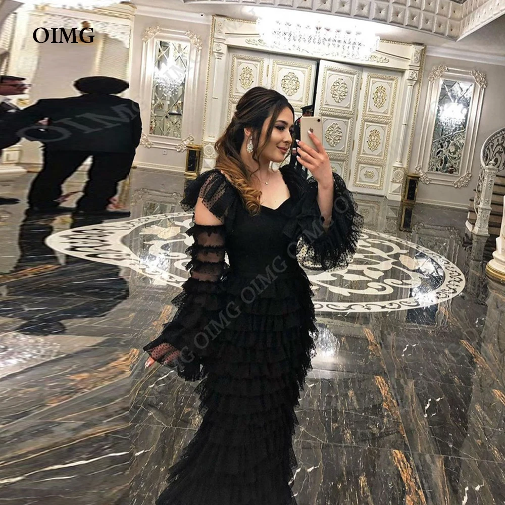 

OIMG Black Ball Gowns Long Evening Dresses Tulle Tiered Wedding Party Gown Full Sleeves Floor Length Prom Dress For Women