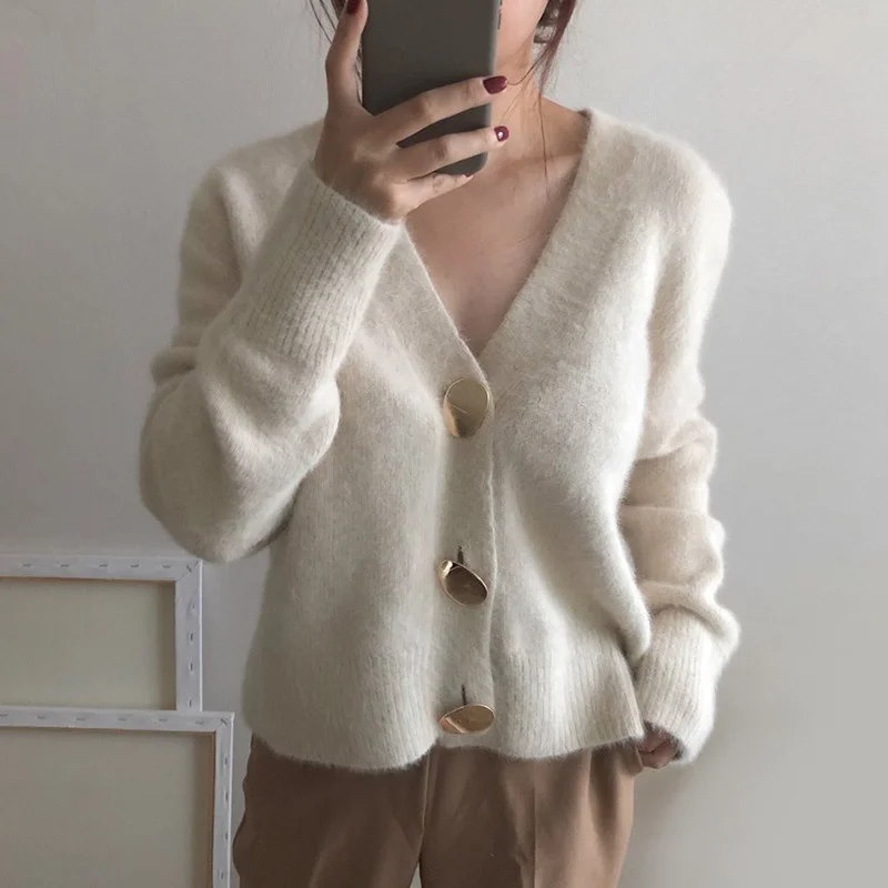 

Autumn Winter Fashion Women Mink Cashmere Cardigan Sweater Female V-neck Knitted Long haired mink cashmere sweater 2023