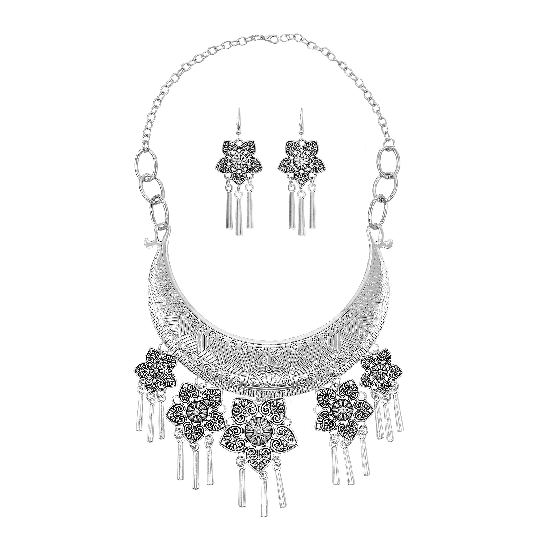 

Vintage Silver Moon Flower Statement Necklace Earrings Set Metal Rod Tassels Choker Collar Gypsy Afghan African National Jewelry