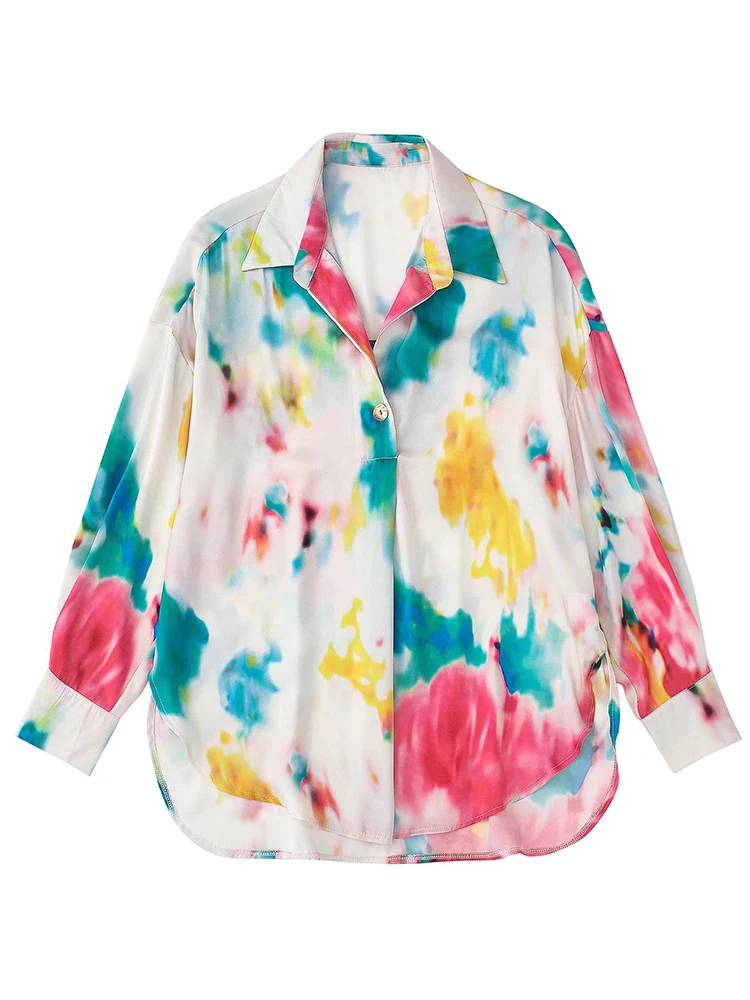 

YENKYE 2022 Fashion Women Tie Dye Print Loose Flowing Shirts Vintage Long Sleeve Side Vents Female Blouses Blusas Chic Tops