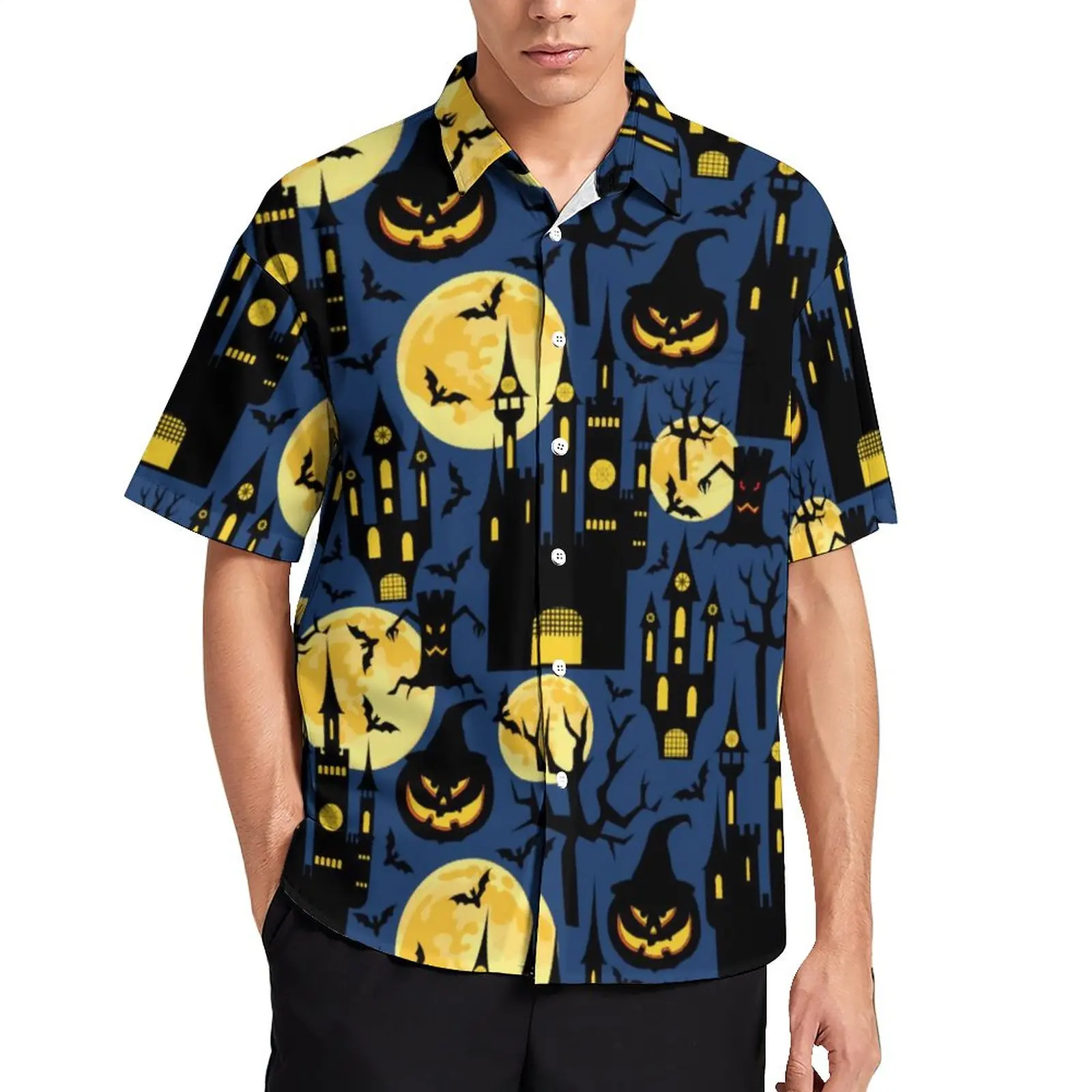 

Spooky Halloween Daily Shirt Haunted House Bats Casual Shirts Men Vintage Blouses Summer Short Sleeves