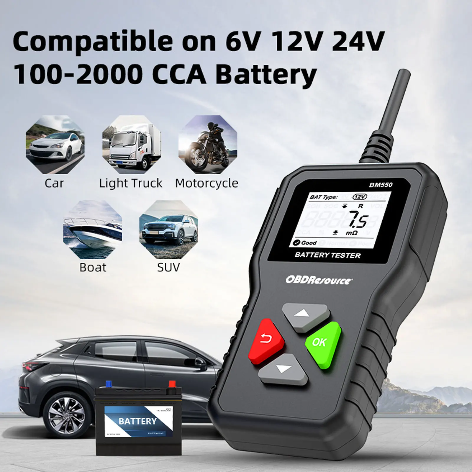 

Тестер автомобильных аккумуляторов BM550, 6 в, 12 В, 24 В, 100-2000 CCA, 2 Ач-Ач, устройство для обнаружения автомобильной батареи PK KW208