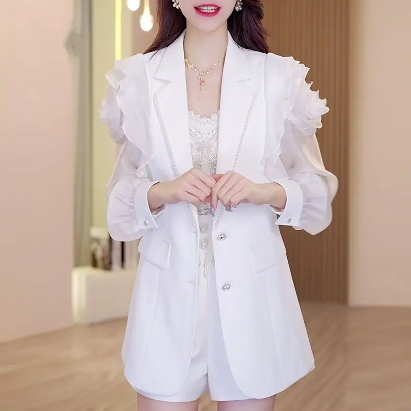 Luxury Chic Long Sleeve Blazer Women Ruffle Black Blazer White Suit Spring Summer Slim Jacket Thin Coat Patchwork Cardigan