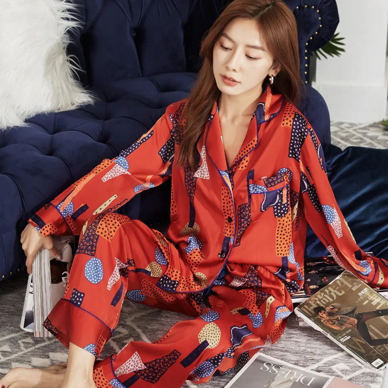 Women's 2 Piece Pajamas Sets Spring Floral Pijama Ice Silk Female Pyjama Sleepwear Long Sleeve Shirt Pants Homewear Loungewear