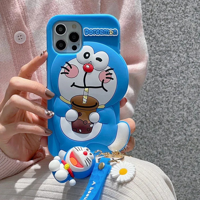 

3D Stereoscopic Doraemon with Keychain Phone Cases For iPhone 13 12 11 Pro Max XR XS MAX 8 X 7 SE 2020 Back Cover