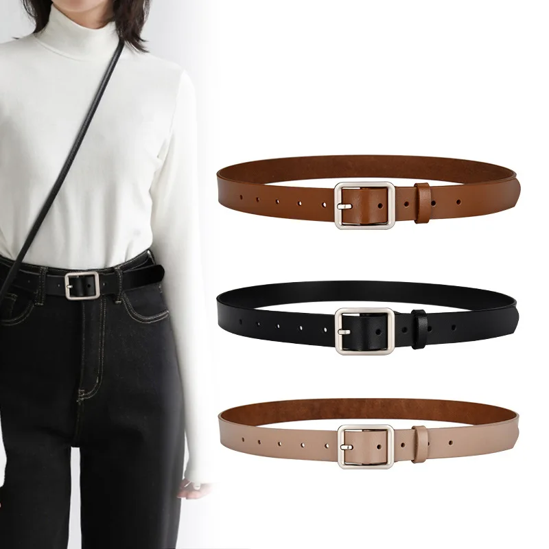 New Neutral Genuine Leather Belts Square Pin Buckle Design Korean Fashion Female Belt Black Simple High-quality Jeans Waistband