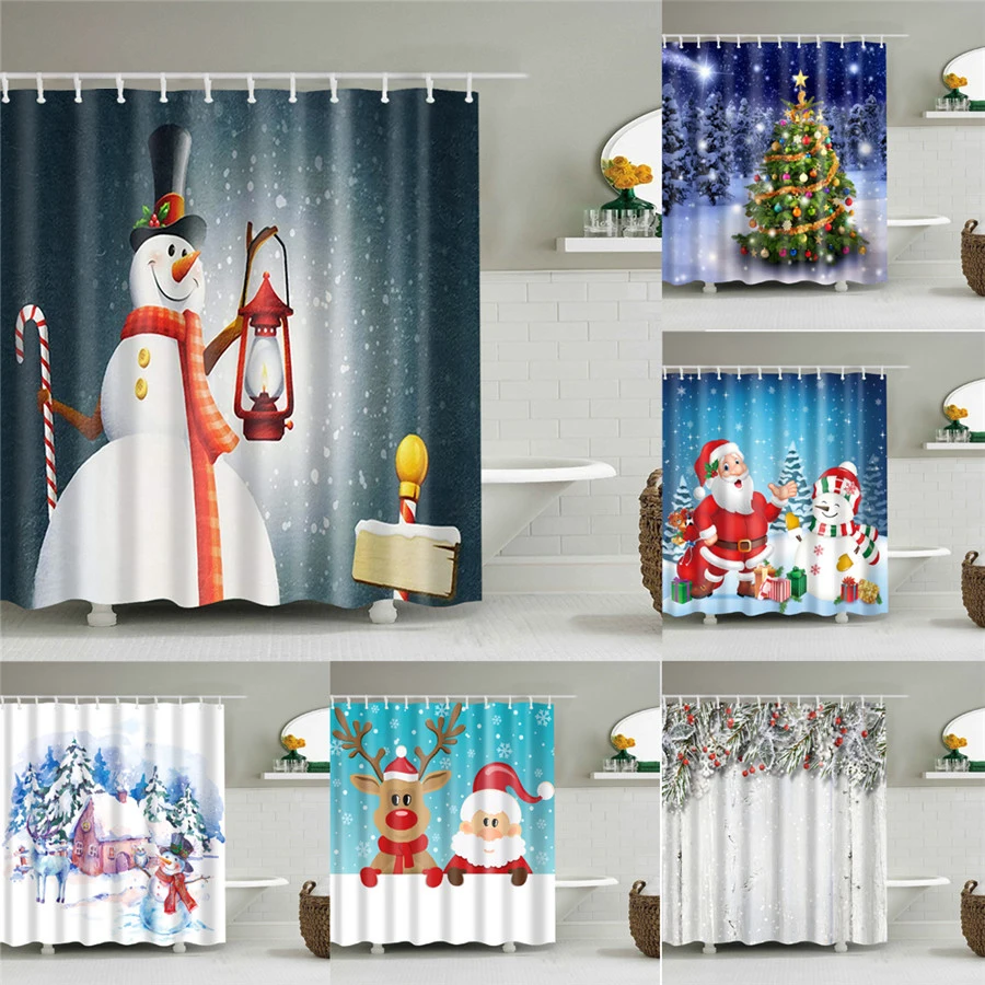 

Merry Christmas Santa Claus Snowman Deer Christmas Present Bathroom Shower Curtains Frabic Waterproof Polyester Bathroom Curtain