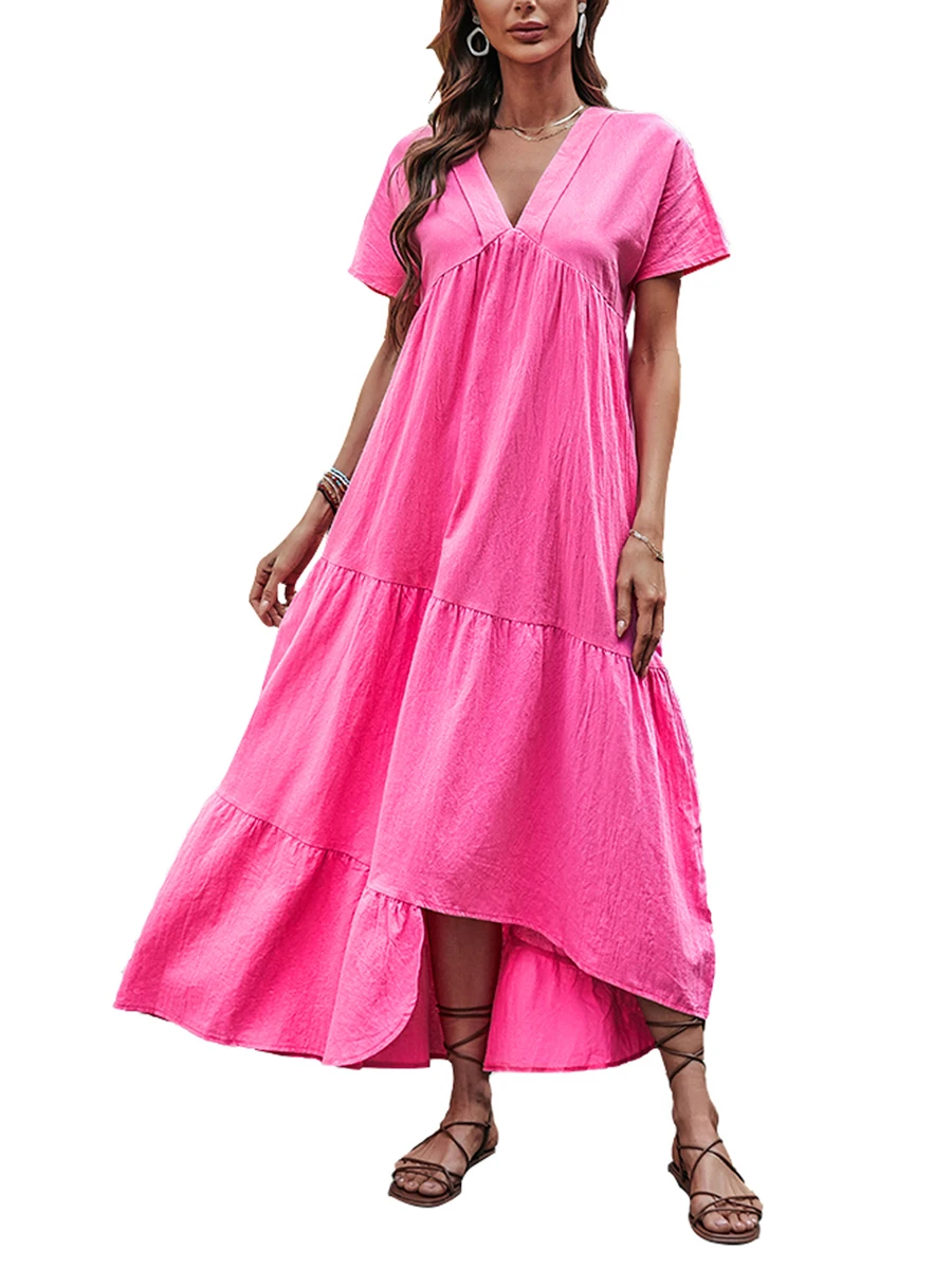 

Женское однотонное летнее платье-миди с V-образным вырезом и короткими рукавами