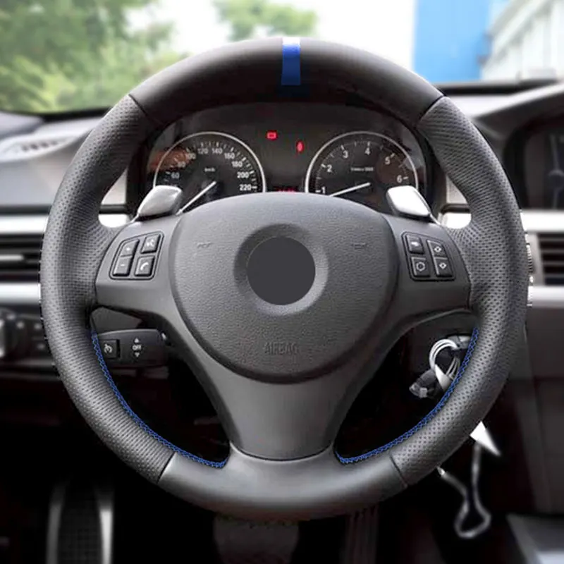 

For BMW 1 3 Series E82 E87 E90 X1 E84 old 2011-2013 Car Steering Wheel Cover Trim Hand-stitch Black Leather with blue strip