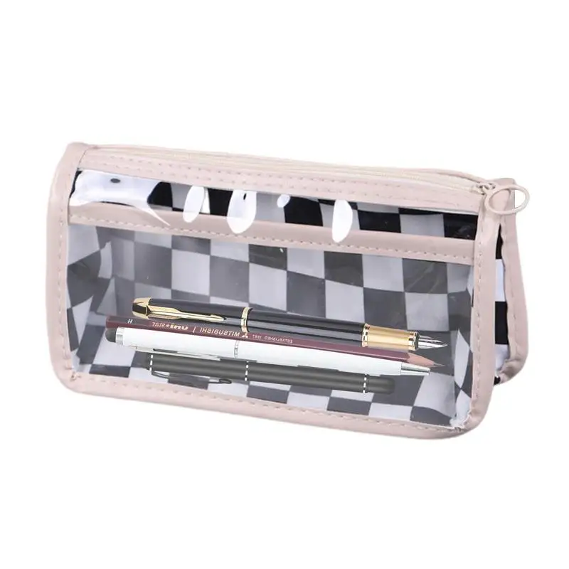Case Black And White Zipper Pencil Box Transparent Pvc Polyester Pencil Case Big Capacity Checkboard Pencil Storage Pouch