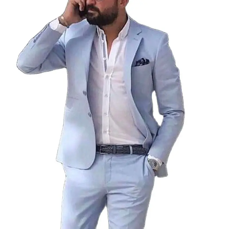 Sky Blue Linen Beach Men Suits 2022 Summer 2 Piece Slim Fit Groom Tuxedo for Wedding New Male Fashion Jacket with Pants