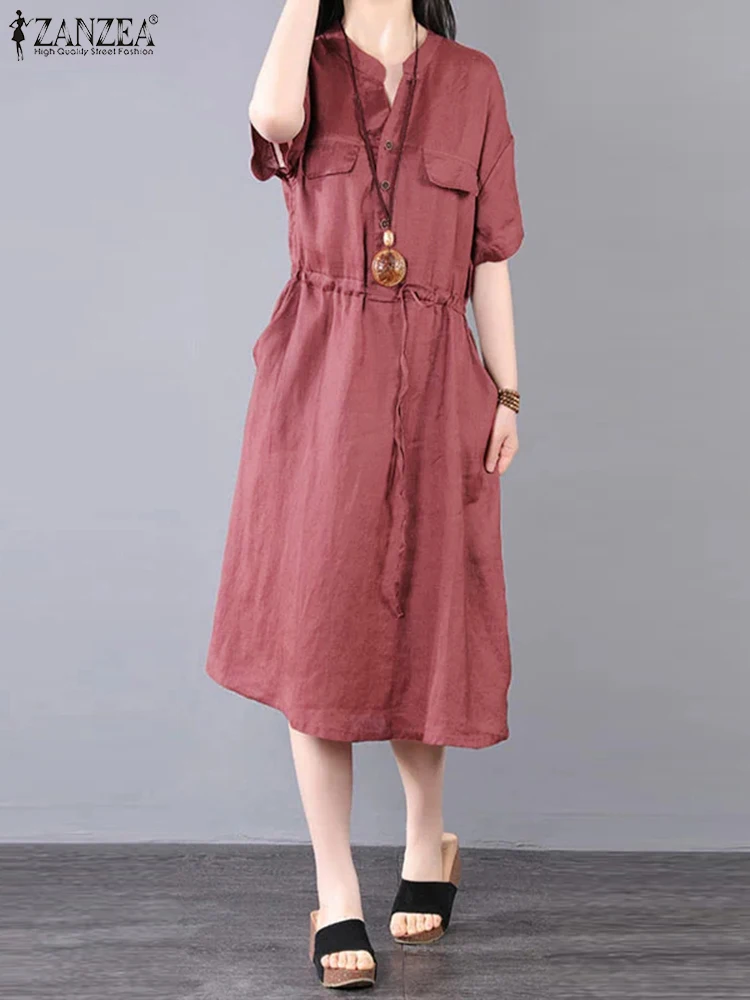 

Women Fashion Drawstring Waist Loose Sundress ZANZEA Summer Vintage V Neck Short Sleeve Solid Dress Casual Midi Vestido Kaftan