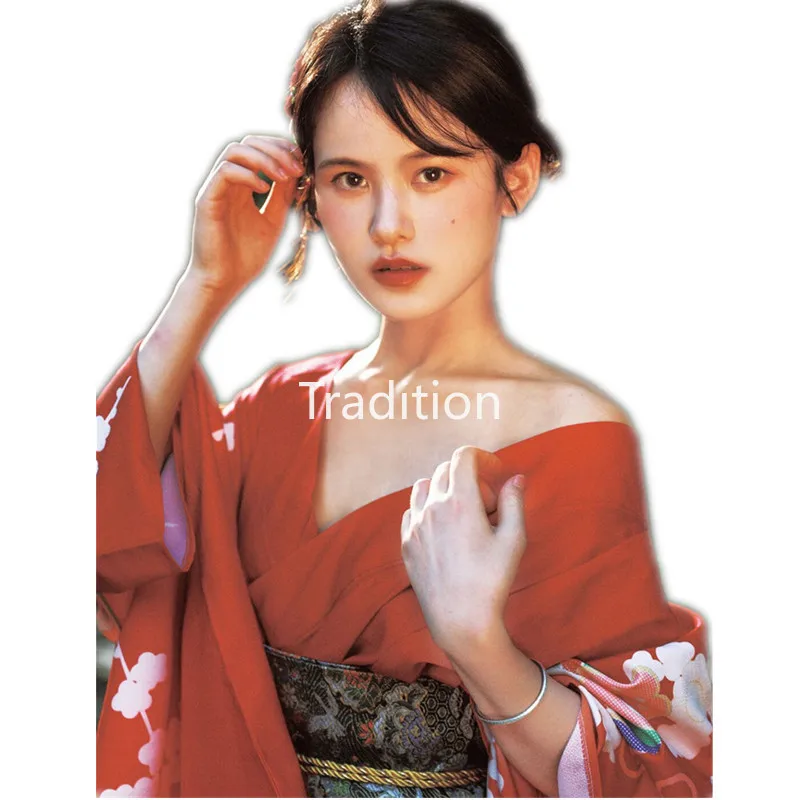 

Japanese Style Women Traditional Kimono Elegant Yukata Bathrobes Red Dress Printing Gowns Oriental Clothing Vintage Vestidos