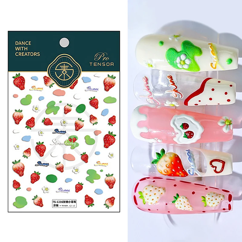 

Cute Sweet White Strawberry Fruits Series 5D Soft Reliefs Self Adhesive Nail Art Decoration Stickers Summer Chic 3D Nail Decals