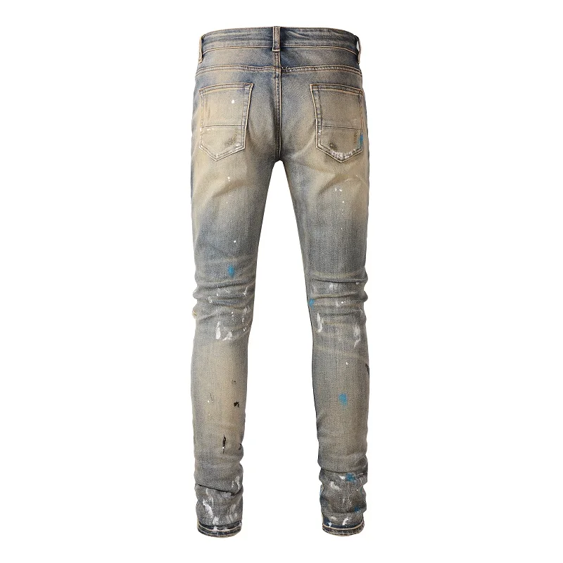 Men Light Blue Painted Steetwear Style Skinny Stretch Destroyed Holes Slim Fit High Street Graffiti Distressed Ripped Jeans