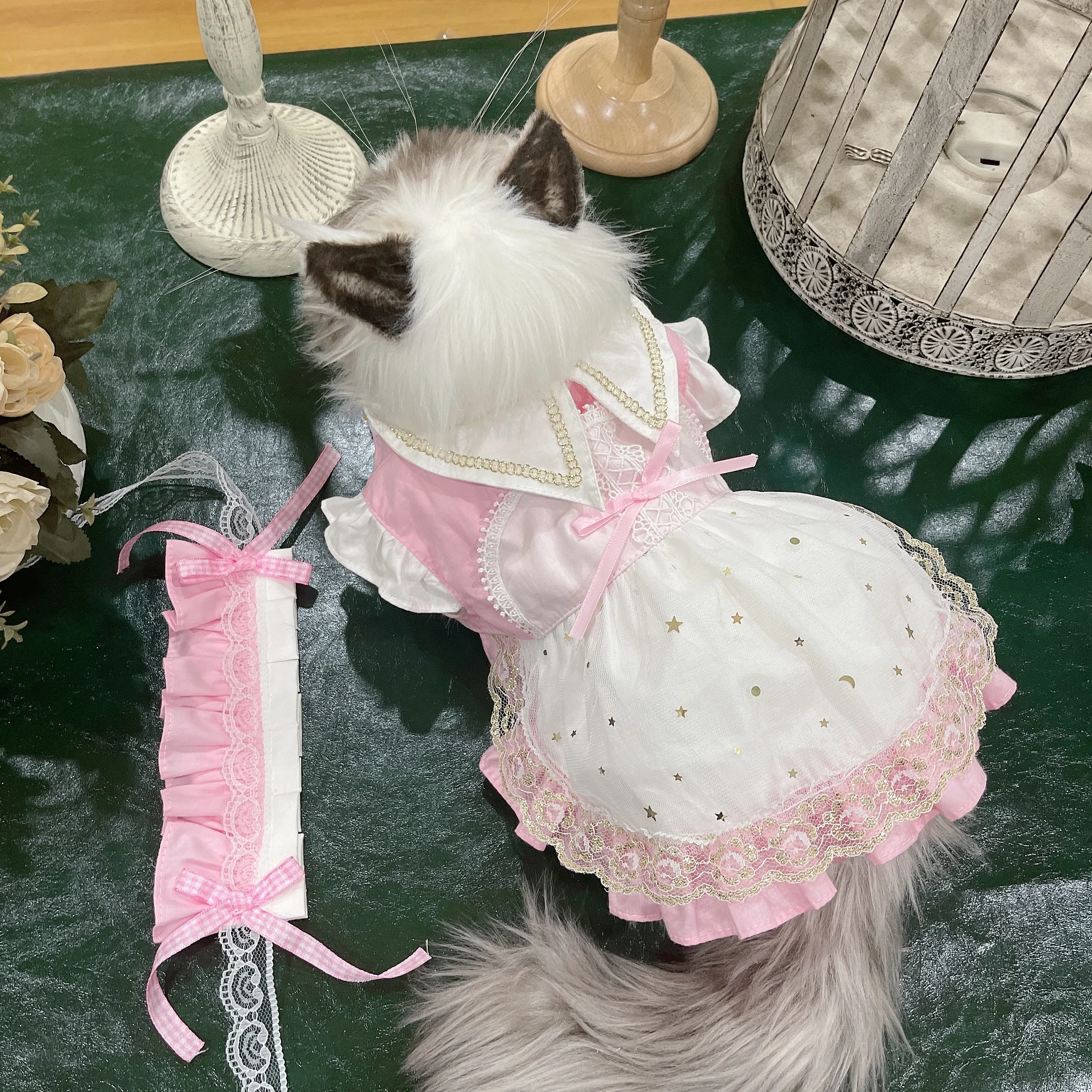 

Dog & Cat Clothes , Pink Glittery Accents Pet Dress with Little Flying Sleeves and Lace, For All Seasons, Skirt For Kitten,Puppy